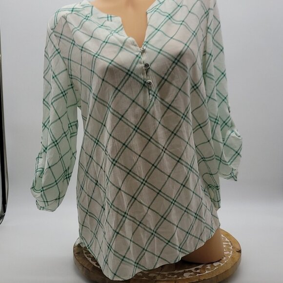Kim Rogers Green & White Plaid Button-Front Blouse With 3/4 Sleeves - Picture 10 of 15